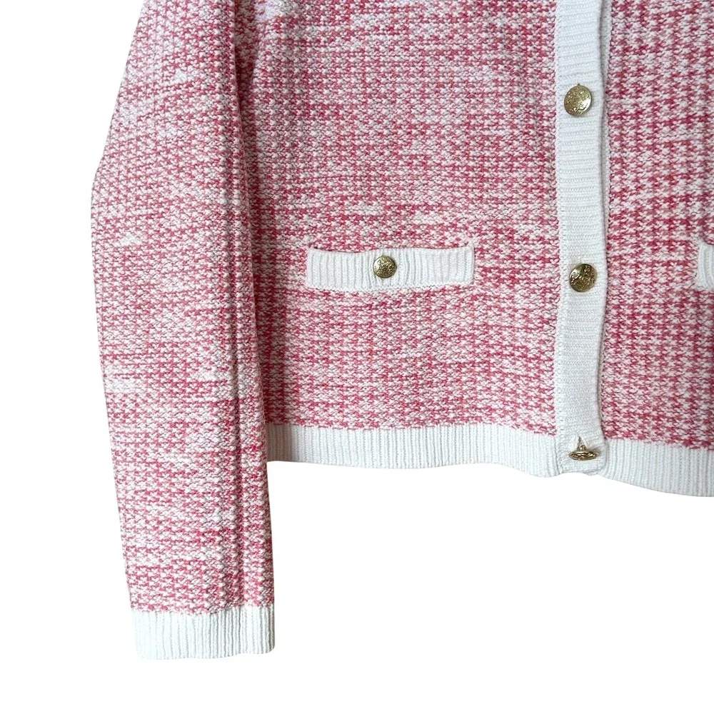 J.Crew Lady Cardigan Sweater‎ Womens Size L Pink White Tweed Knit Gold Buttons